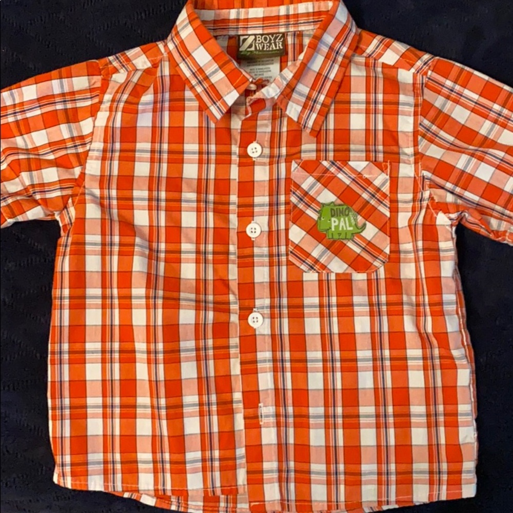 Boys plaid button up shirt with dinosaur pocket